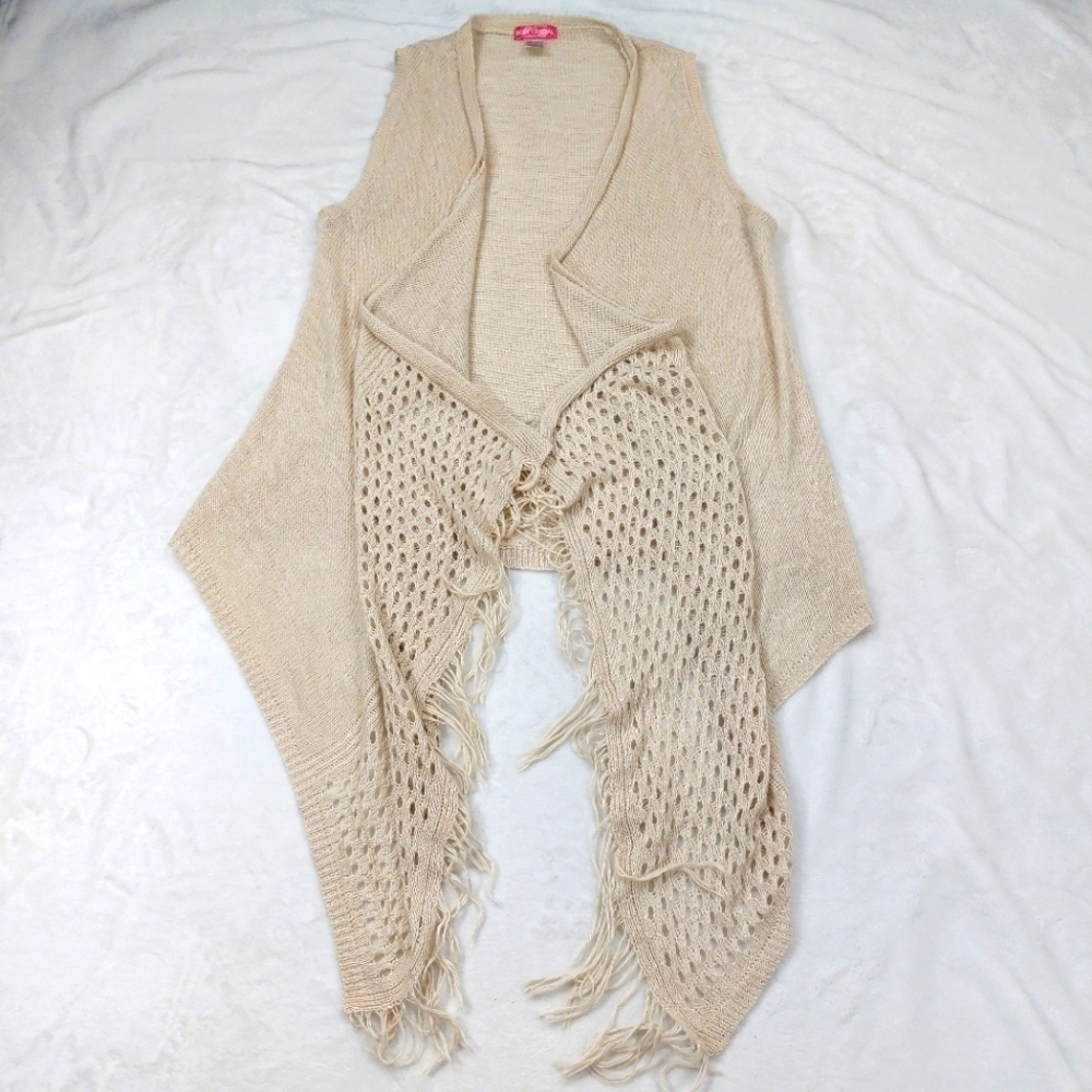 BODY CENTRAL WOMENS CREAM CROCHET FRINGE FRONT FLYAWAY OPEN KNIT VEST SIZE LARGE